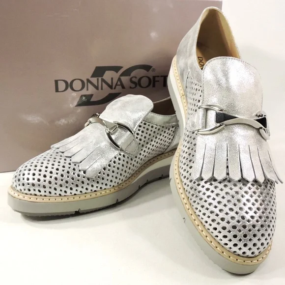 DONNA SOFT 🇮🇹WOMEN'S SILVER SOFT LEATHER COMFORT SUMMER LOAFERS - Picture 8 of 8